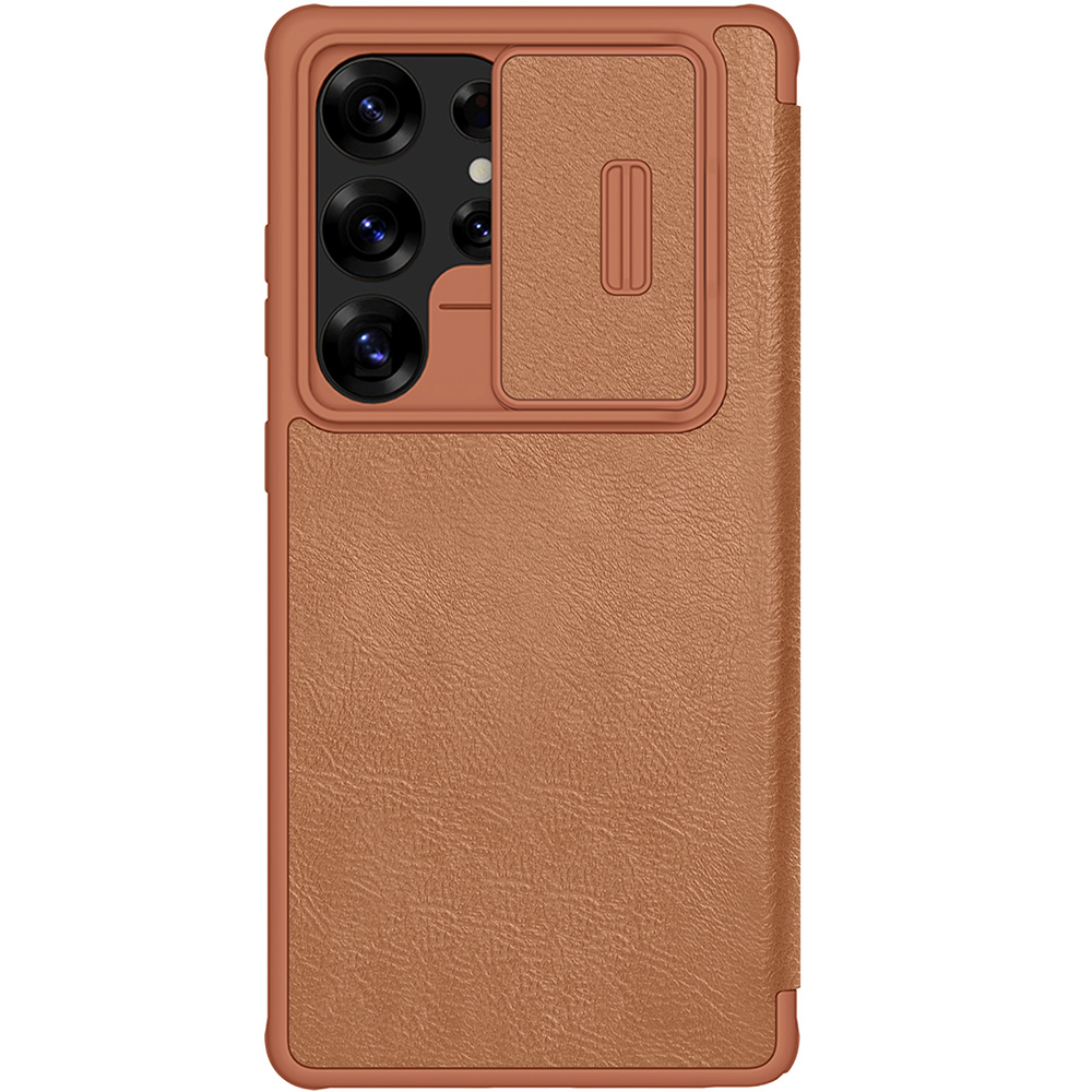 Etui z klapką i ochroną aparatu Nillkin Qin Pro do Galaxy S25 Ultra, brązowe